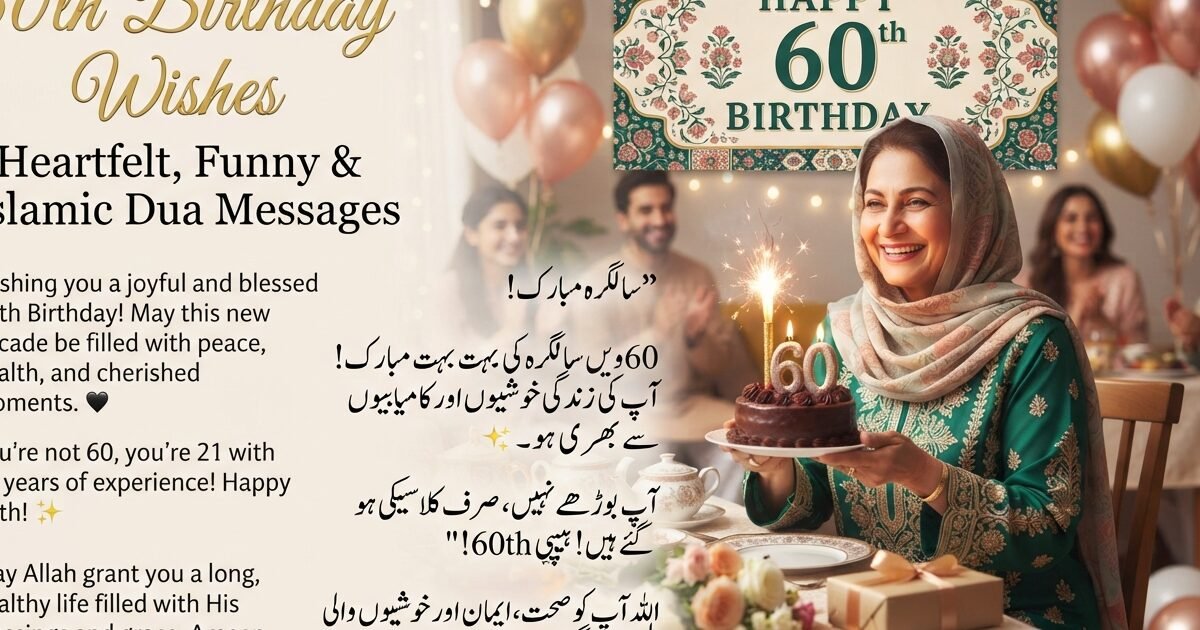 60th birthday wishes card with a woman celebrating with cake, candles, and balloons