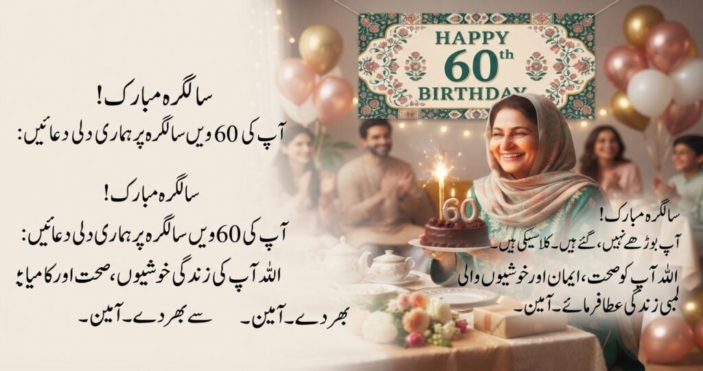 Heartfelt 60th birthday wishes in English and Urdu with Happy 60th Birthday banner and cake